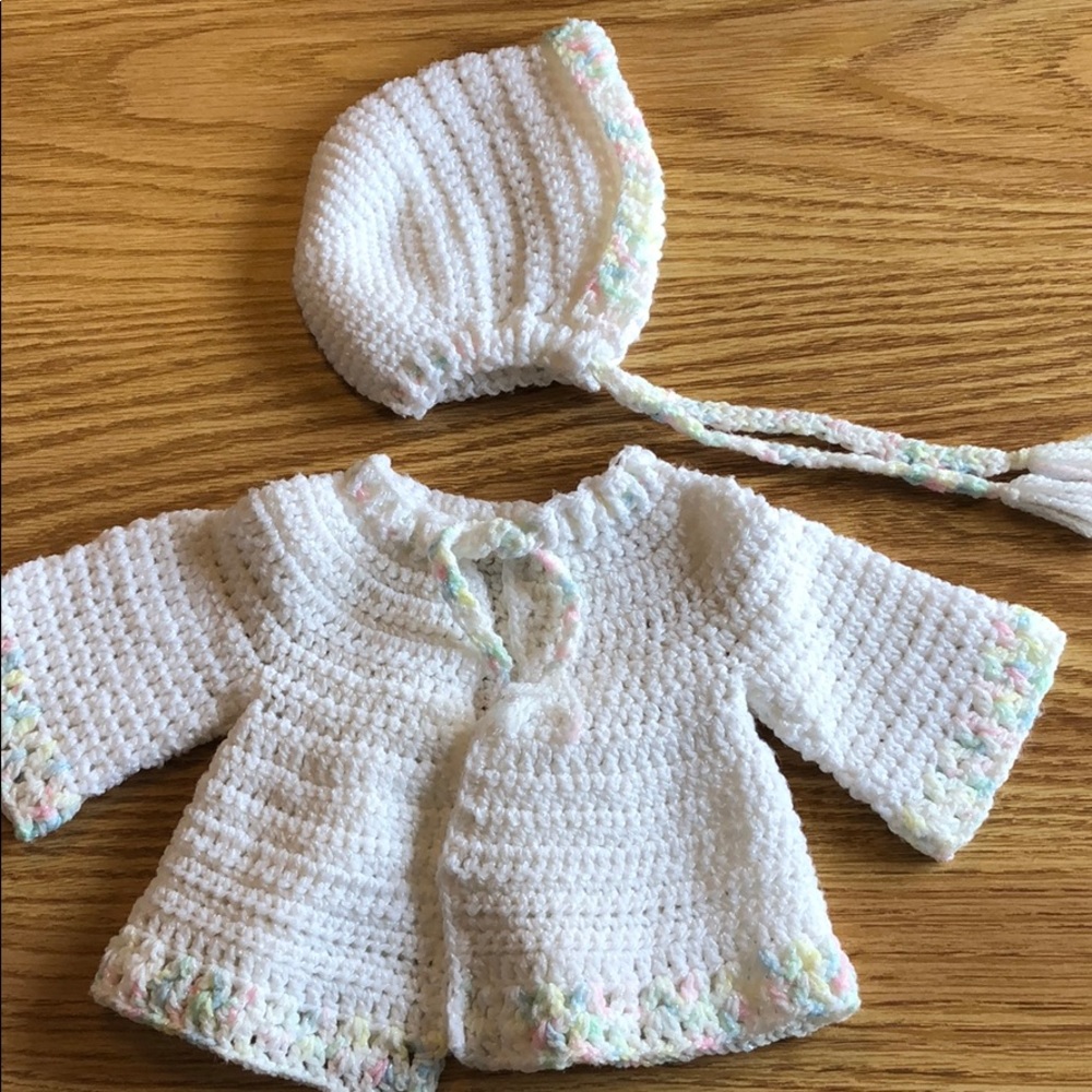 Vintage Hand Crocheted Baby’s Sweater & Hat Set